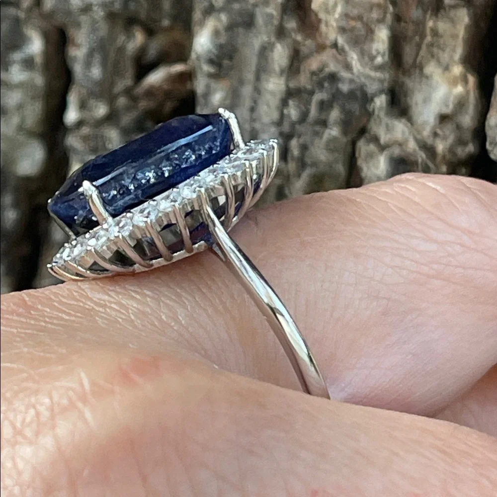 NWT Natural Sapphire 16X13mm CZ accents Statement Ring S10 Unheated/ Untreated - Picture 8 of 14